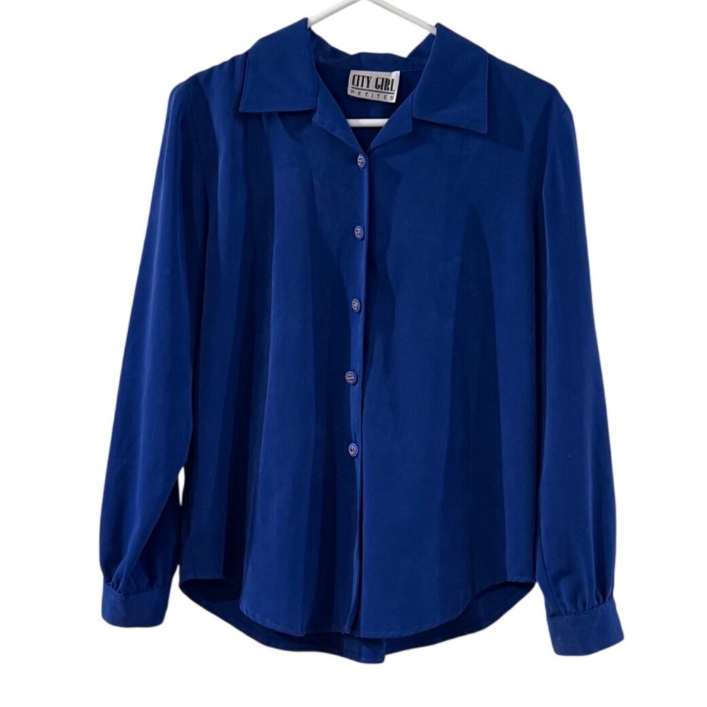 Vintage Y2K City Girl Petites Royal Blue Long Sleeve Button Down Blouse 90s